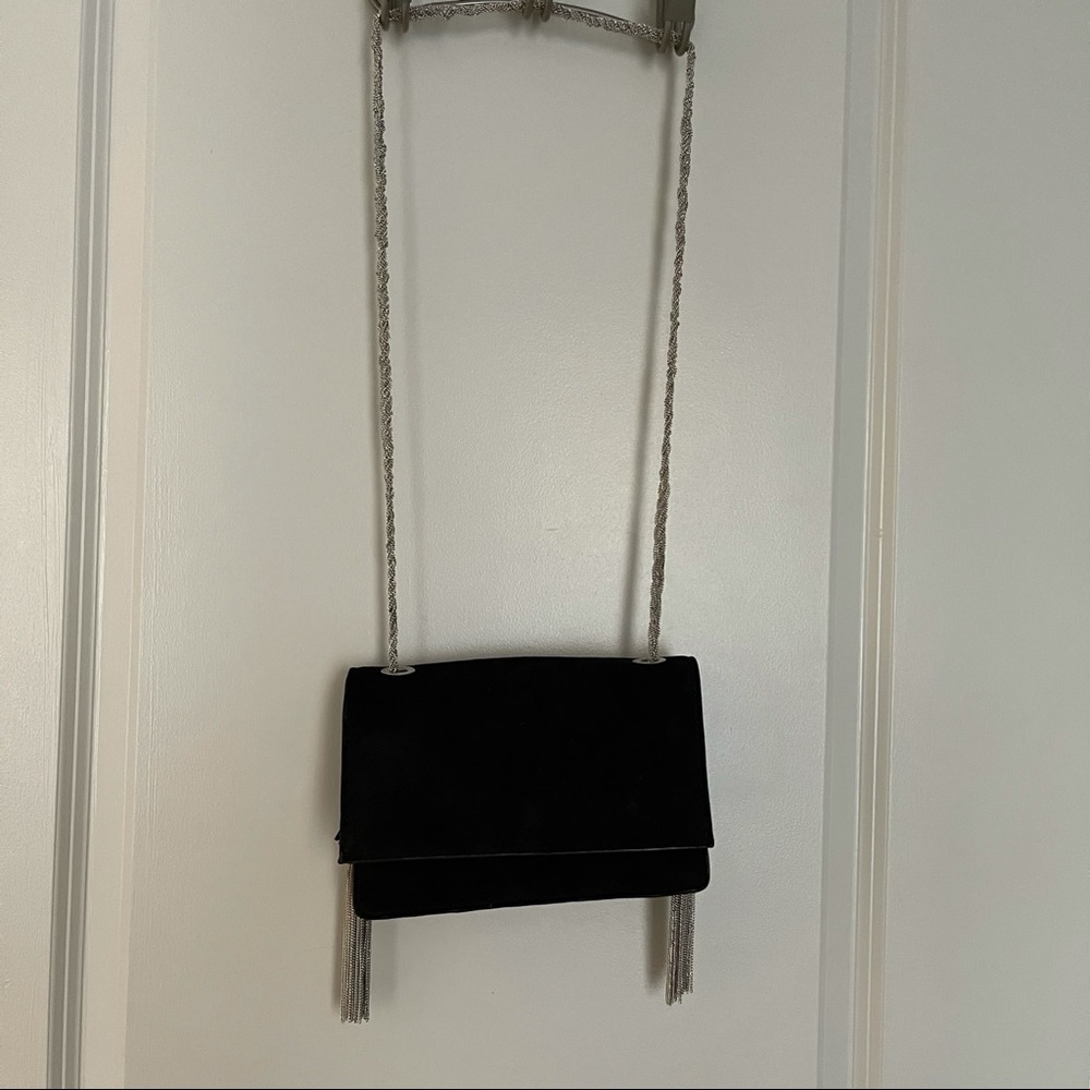 ZARA Chain Tassel Bag Handbag Black Faux Suede Classic